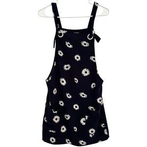 MANGO Womens Sz 2 Overall Jumper Mini Dress Floral Navy Blue White front pockets
